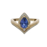 Solid 14kt Yellow Gold and Pear-Cut Tanzanite Chevron Solitaire Ring with Diamond Halo Size 8