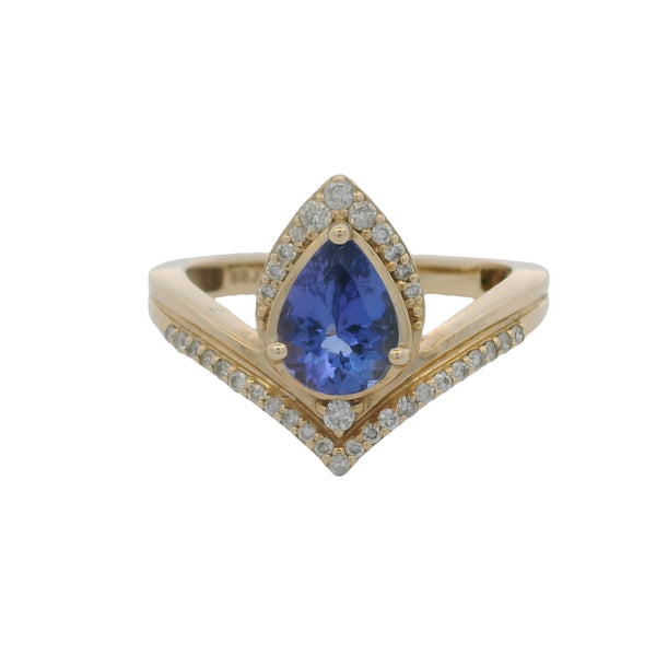 Solid 14kt Yellow Gold and Pear-Cut Tanzanite Chevron Solitaire Ring with Diamond Halo Size 8
