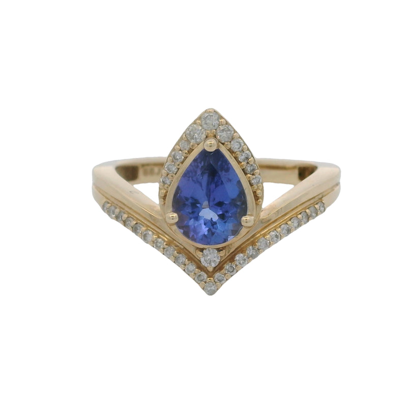 Solid 14kt Yellow Gold and Pear-Cut Tanzanite Chevron Solitaire Ring with Diamond Halo Size 8