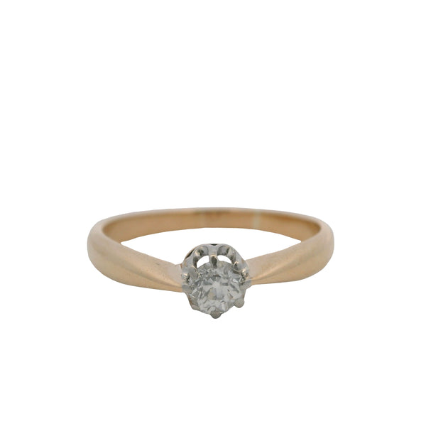 Antique Victorian Solid 14kt Yellow Gold and Old Mine Diamond Solitaire Stirrup Ring Size 7.75