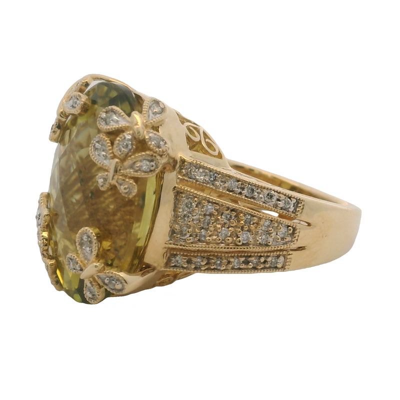 Vintage LeVian 14kt Yellow Gold Lemon Quartz and Diamonds Stars and Butterflies Cocktail Ring