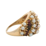 Vintage Solid 14kt Yellow Gold Garnet and Pearl Striped Cluster Cocktail Ring