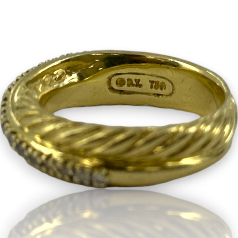 David Yurman Signed Solid Heavy 18kt Yellow Gold 750 Twist Band Crossover Ring with Diamonds Size 6.75