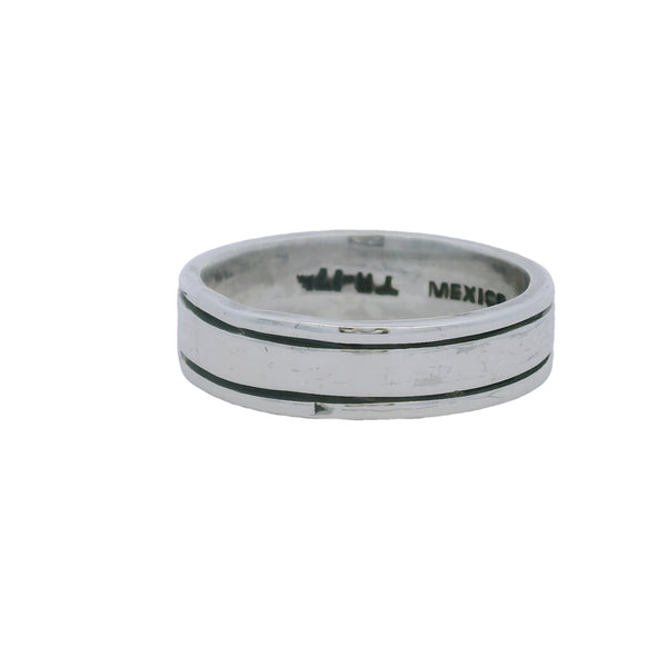 Anillo de banda de doble filo de 6,3 mm en plata de ley 925, fabricado en México.