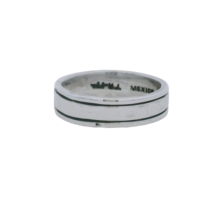 Anillo de banda de doble filo de 6,3 mm en plata de ley 925, fabricado en México.