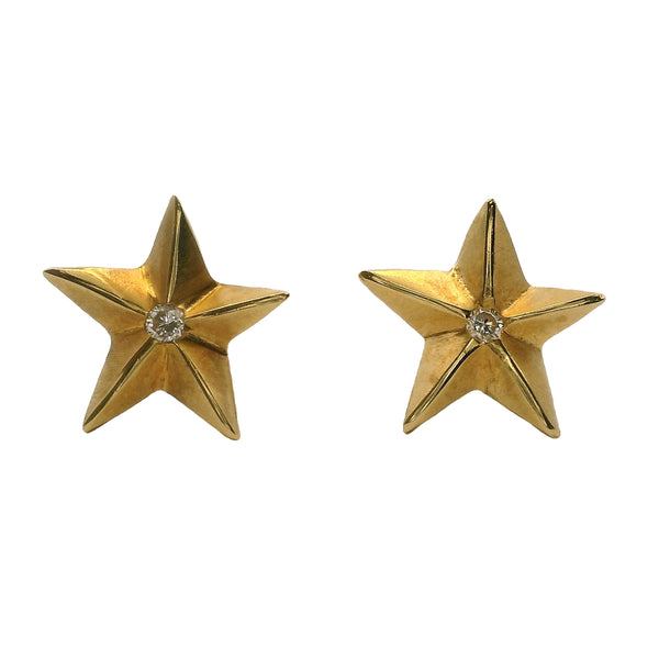Solid 18kt Yellow Gold and Diamond 9mm Star Stud Earrings