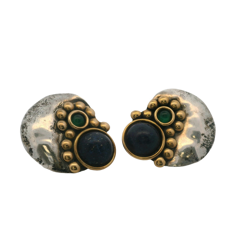 Louis Booth 925 Sterling Silver and Brass 28mm Earrings with Sodalite and Green Onyx Cabochons