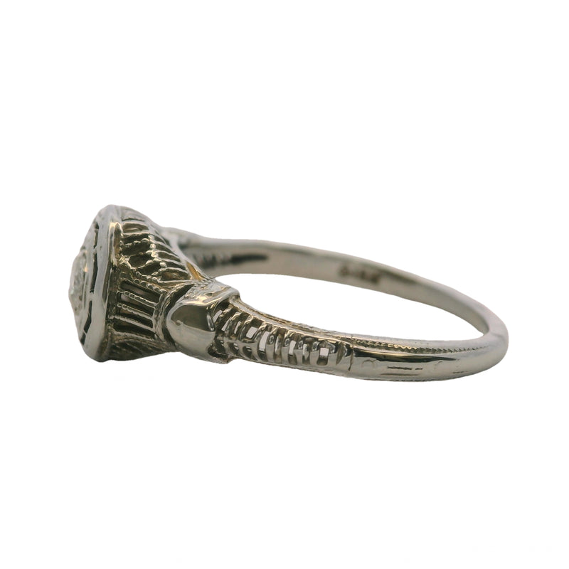 1920s Art Deco Solid 18kt White Gold and 0.15ct Diamond Solitaire Filigree Ring Size 6