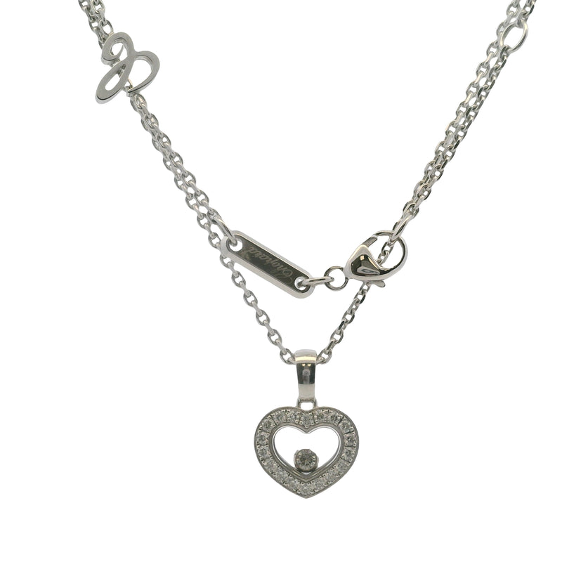 Chopard Solid 18kt White Gold Happy Floating Diamonds Icons Heart Pendant 16.5" Necklace