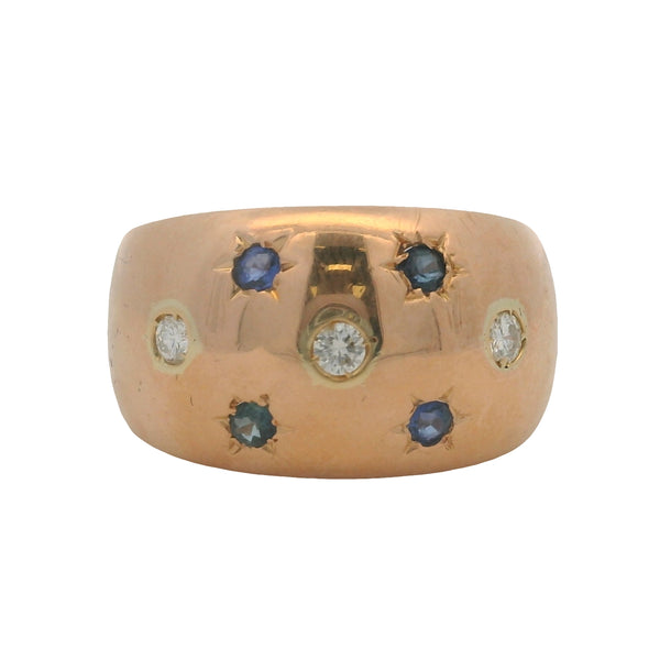 Vintage Solid 18kt Rose Gold 12mm Wide Dome Ring with Diamonds and Sapphires Size 7.5