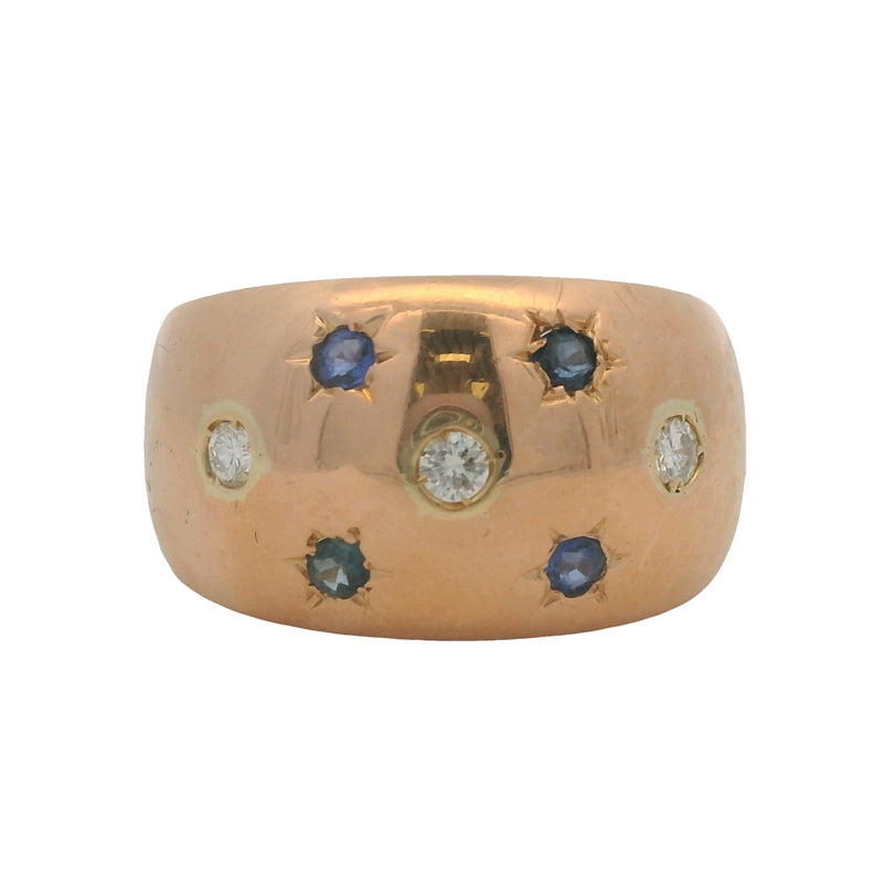 Vintage Solid 18kt Rose Gold 12mm Wide Dome Ring with Diamonds and Sapphires Size 7.5