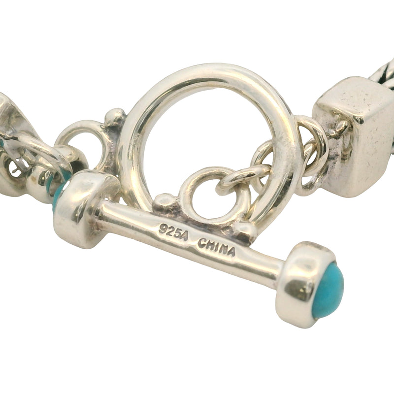 Solid 925 Sterling Silver and Cabochon Blue Turquoise Braided Toggle Bracelet 8"