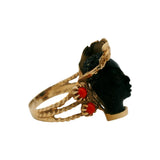 Vintage Italian Solid 14kt Yellow Gold Ebony Wood and Coral Blackamoor Ring Size 7