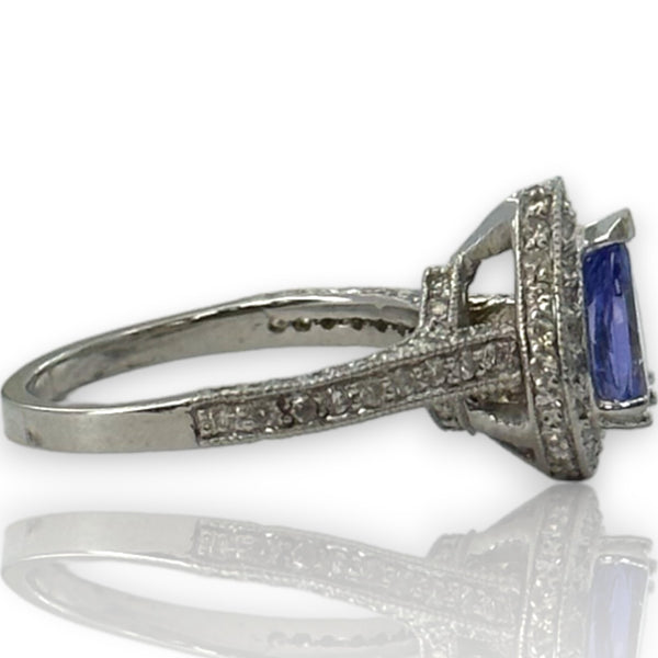 Solid 14kt White Gold Rhodium Plated Pear Shaped Prong Set Tanzanite Solitaire Ring with Diamond Halo Size 7.5
