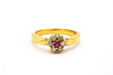 Vintage Ruby & Diamond Flower Cluster Yellow Gold 18k 750 Ring Size 6