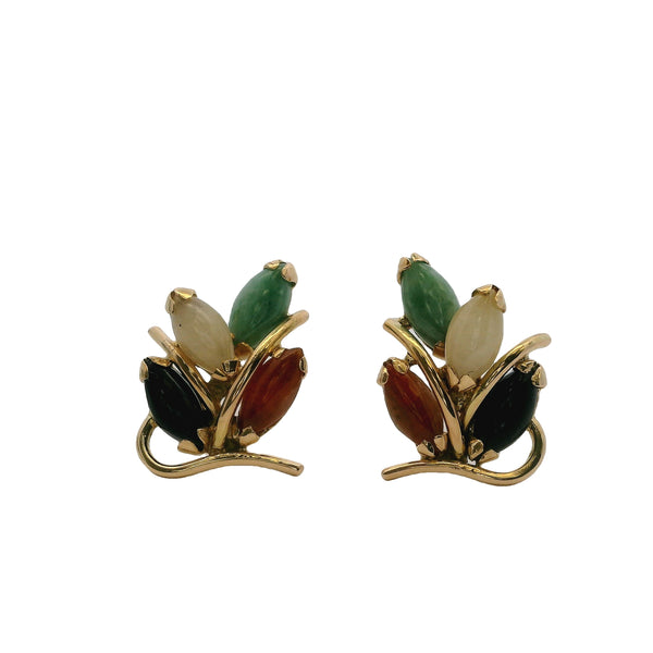 Vintage 14kt Yellow Gold and Multicolored Jadeite Leaf Nature Stud Earrings