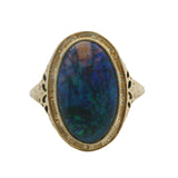 Vintage Solid 14kt Yellow Gold Cabochon Black Opal Filigree Ring Size 5.5