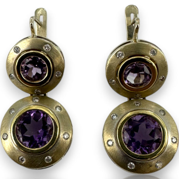 Vintage Golan Fine Crafts Two-Tone 14kt Gold Bezel Set Amethyst and Diamond Accent Snap Closure Dangle Earrings