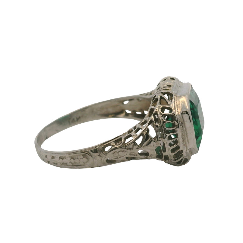 Antique 1920s Art Deco 14kt White Gold and Green Glass Filigree Cocktail Ring Size 6
