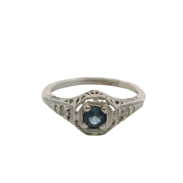 Antique 1920s Art Deco 14kt White Gold Sapphire and Diamond Filigree Ring Size 6