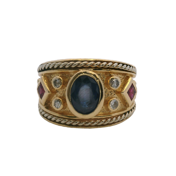 Etruscan Revival 14kt Yellow Gold Band Sapphire Gemstone Diamond Ring Size 5.75