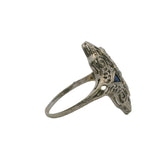 Antique 1920s Art Deco Solid 18kt White Gold 0.29ctw Diamond and Lab Sapphire Filigree Dinner Ring Size 6.5