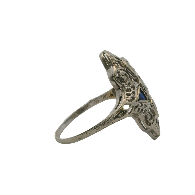 Antique 1920s Art Deco Solid 18kt White Gold 0.29ctw Diamond and Lab Sapphire Filigree Dinner Ring Size 6.5