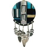 Vintage Native American MOP Turquoise Lapis and Onyx Round Pendant with Feathers