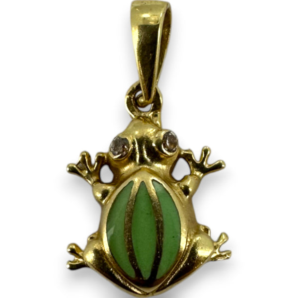 Colgante de rana con esmalte verde y circonita cúbica de 585 circonitas en oro amarillo de 14 kt.