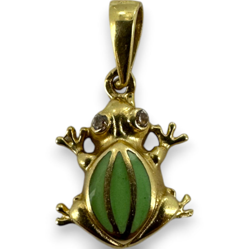 Colgante de rana con esmalte verde y circonita cúbica de 585 circonitas en oro amarillo de 14 kt.