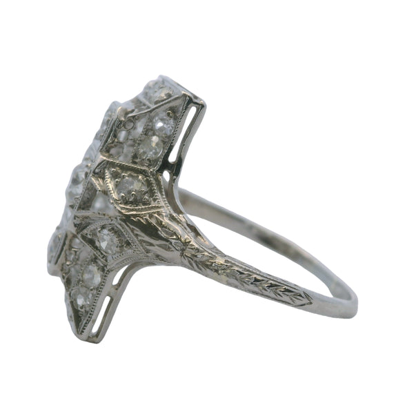 Antique 1920s Platinum and Old Mine and Old European Diamond Filigree Dinner Ring Size 8