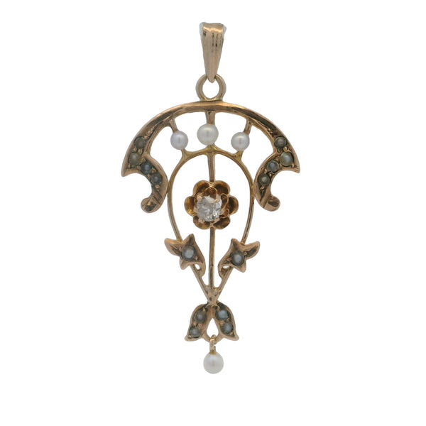 Antique Victorian 10kt Yellow Gold Lavaliere Pendant with Old Mine Cut Diamond and Freshwater Pearls