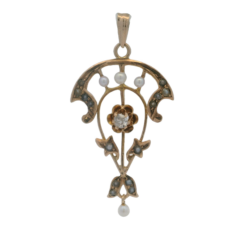 Antique Victorian 10kt Yellow Gold Lavaliere Pendant with Old Mine Cut Diamond and Freshwater Pearls