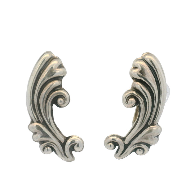 Taxco Mexico 925 Sterling Silver 34mm Long Water Pattern Swirl Unpierced Screw-Back Earrings