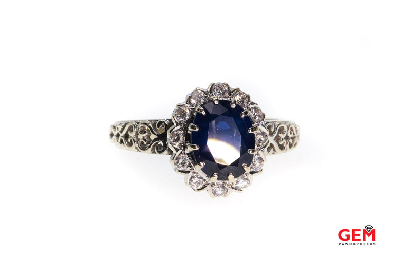 Oval Lab-Grown Sapphire Halo Natural Diamonds Size 9 14kt White Gold Ring