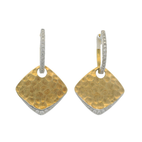 Solid 14kt White and Yellow Gold Reversible Hammered Square Diamond Dangle Snap Earrings