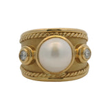Vintage Solid 18kt Yellow Gold Mabe Pearl and 0.20ctw Diamond Statement Band Ring Size 8