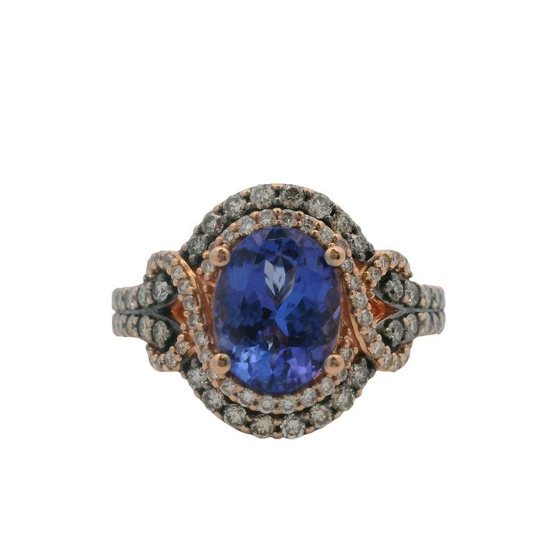 Le Vian 14kt Rose Gold Tanzanite Solitaire Ring with Accent Diamond Halo and Sides Size 7