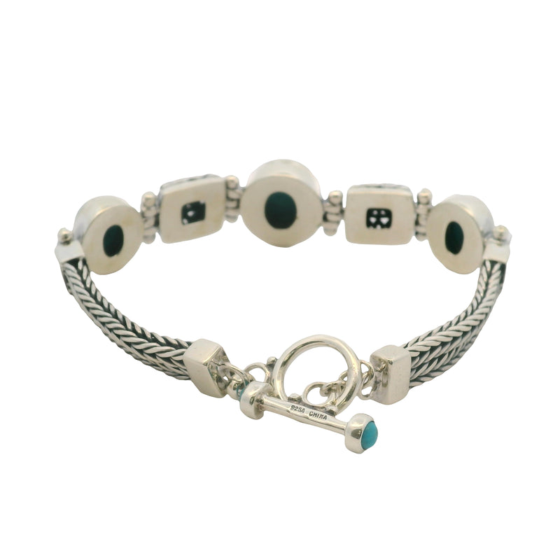 Solid 925 Sterling Silver and Cabochon Blue Turquoise Braided Toggle Bracelet 8"