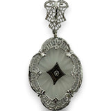 Antique 1920s Art Deco 14kt White Gold Rhodium Plated Filigree Carved Rock Crystal Dangle Pendant Charm with Small Diamond Center