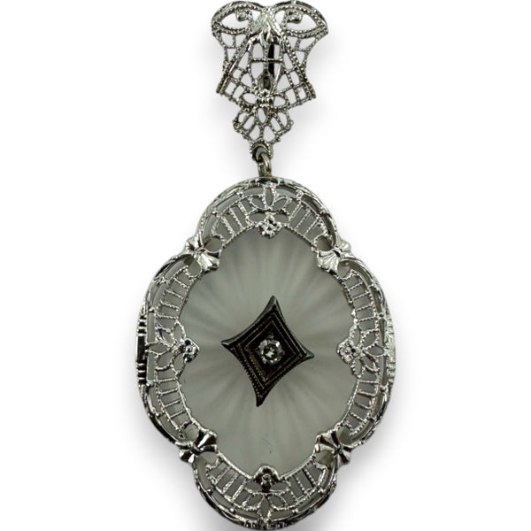 Antique 1920s Art Deco 14kt White Gold Rhodium Plated Filigree Carved Rock Crystal Dangle Pendant Charm with Small Diamond Center