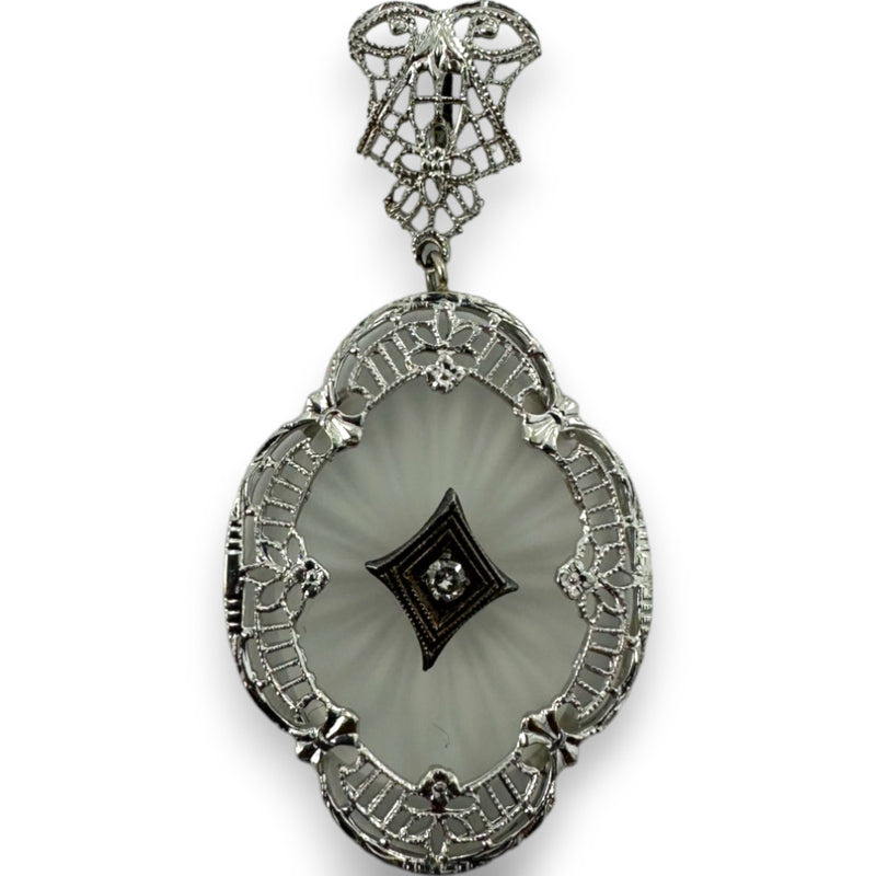 Antique 1920s Art Deco 14kt White Gold Rhodium Plated Filigree Carved Rock Crystal Dangle Pendant Charm with Small Diamond Center