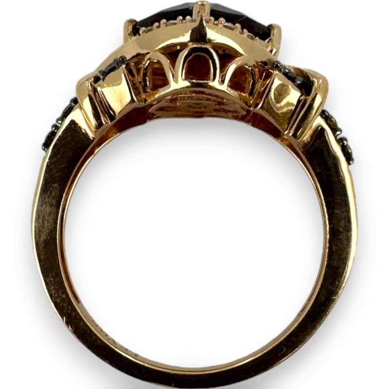LeVian 14kt Solid Rose Gold Raspberry Rhodolite Garnet Ring with Accent Chocolate Cognac and White Vanilla Diamonds Size 7