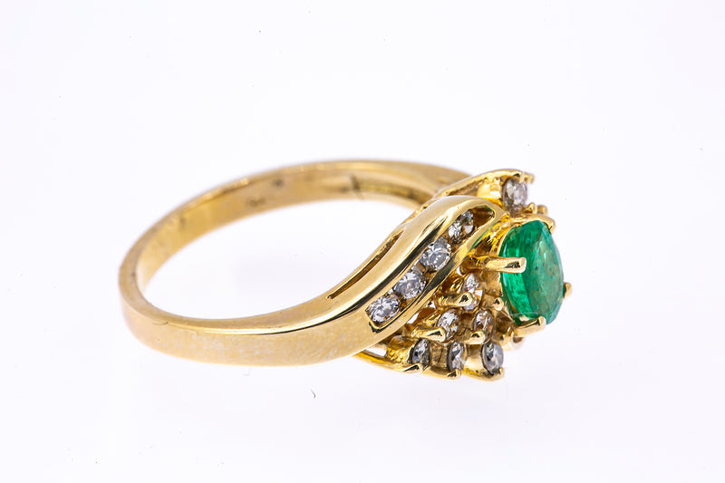 GC Natural Emerald & Diamond Cluster Cocktail 14K 585 Yellow Gold Ring Sz 6 1/2