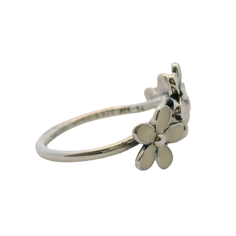 Pandora 925 Sterling Silver Darling Daisies Triple Flower Curved Crown Ring with White Enamel