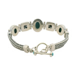 Solid 925 Sterling Silver and Cabochon Blue Turquoise Braided Toggle Bracelet 8"