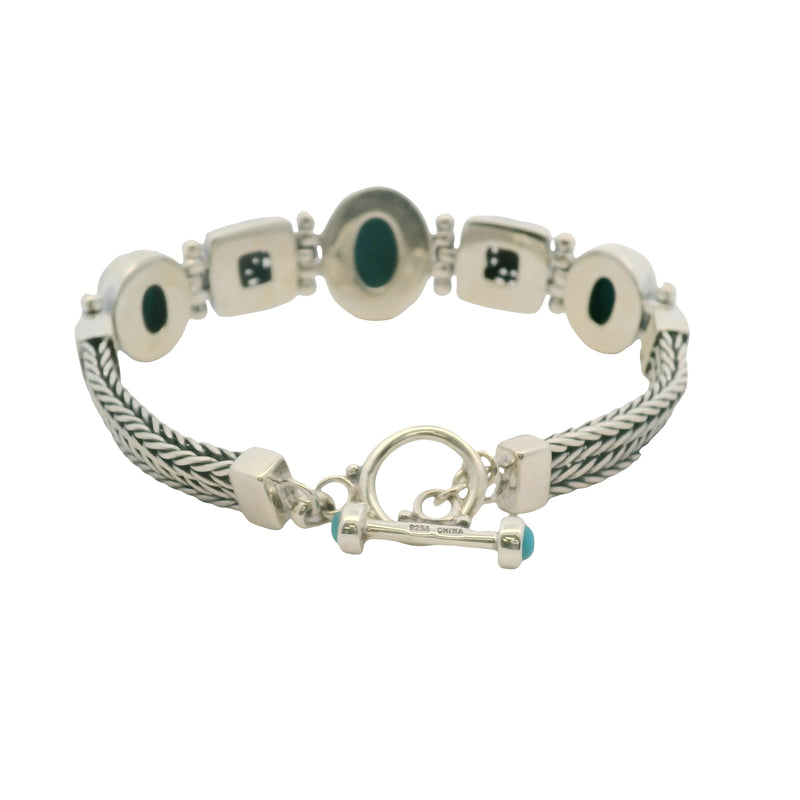 Solid 925 Sterling Silver and Cabochon Blue Turquoise Braided Toggle Bracelet 8"