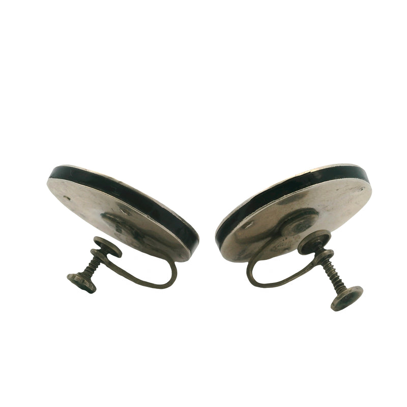 Taxco 925 Sterling Silver Aztec Dancing Monkey Screw-Back Unpierced Earrings with Black Enamel Inlay Signed HAB Converted From Cufflinks