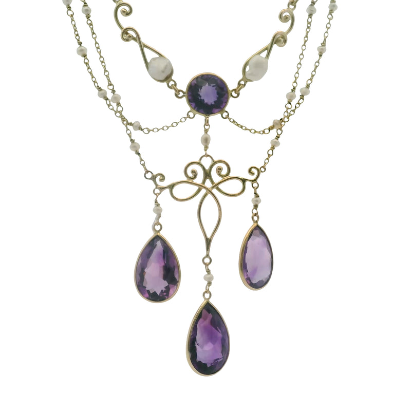 Antique Early 1900s Art Nouveau 14kt Yellow Gold Amethyst and Pearl 14.5" Festoon Necklace