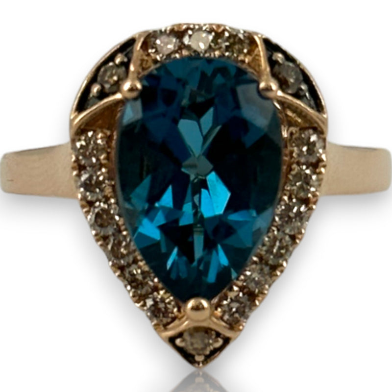 LeVian Signed Solid 14kt Strawberry Rose Gold and Pear Shaped Deep Sea Blue Topaz Ring with Diamond Halo Size 6.75